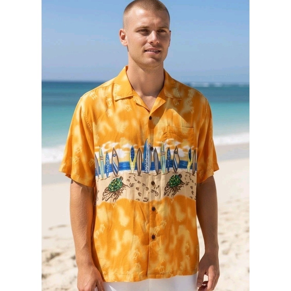 Vtg Pacific Co Hawaiian Shirt Mens XL Orange Surfboards Turtle Tropical Beach SS